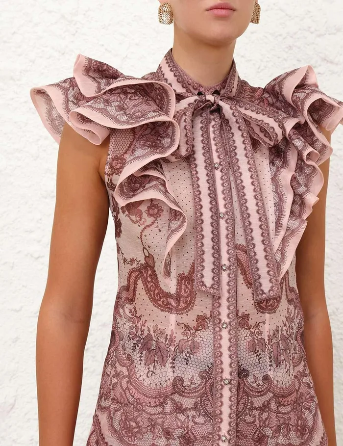 Women Tops Zimmermann Crush Frilled Fitted Blouse Pink Lace Print