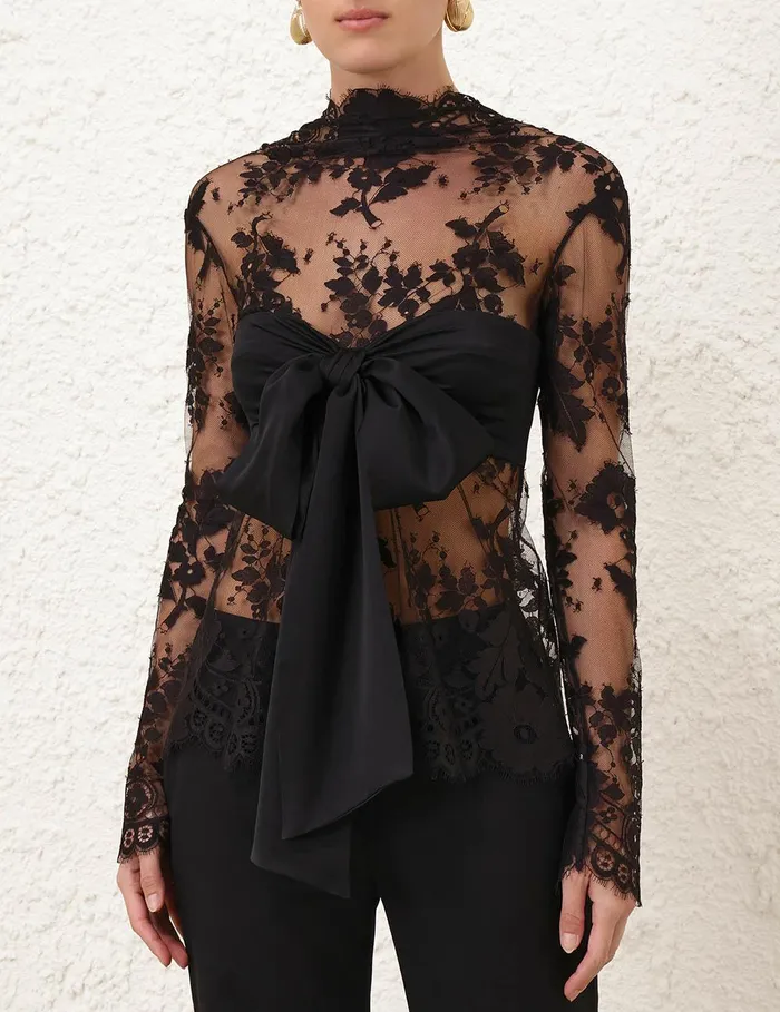 Women Tops Zimmermann Illustration Lace Bow Bodice Black
