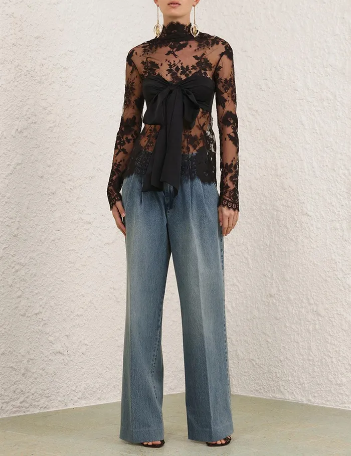 Women Tops Zimmermann Illustration Lace Bow Bodice Black