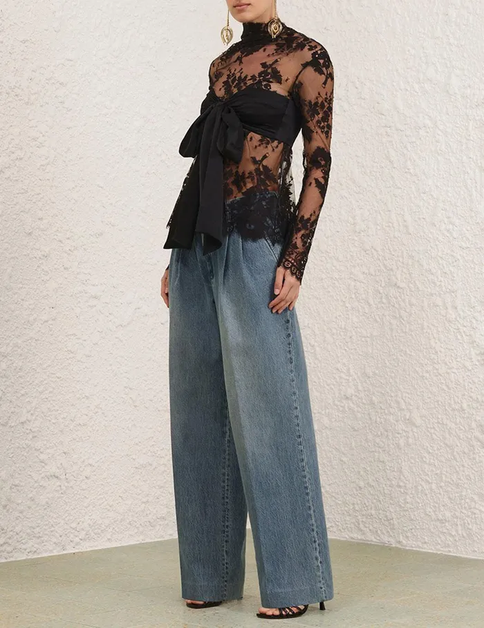 Women Tops Zimmermann Illustration Lace Bow Bodice Black