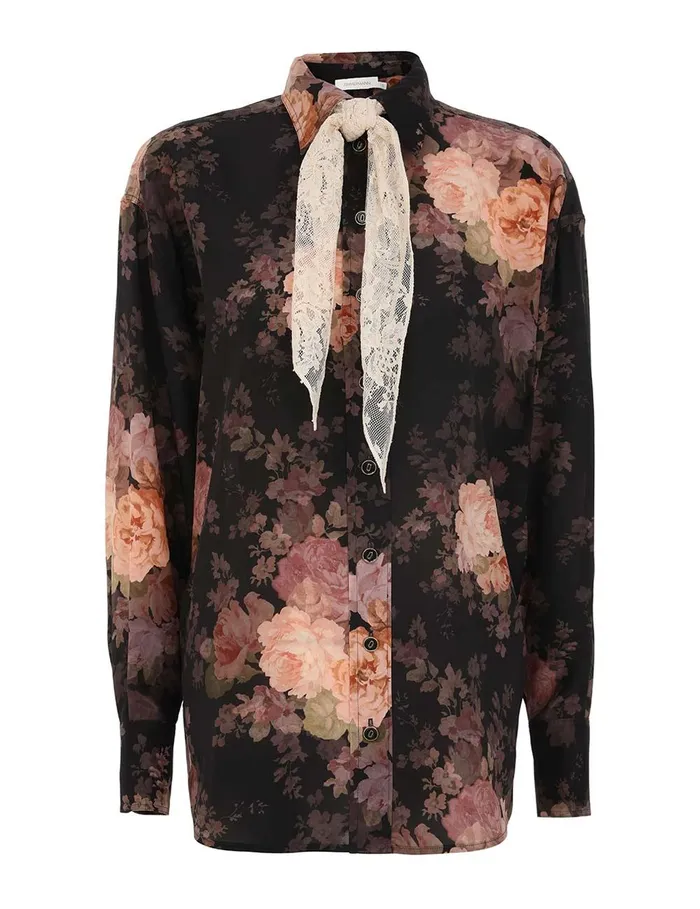Women Tops Zimmermann Illustration Lace Scarf Shirt Black Rococo Floral