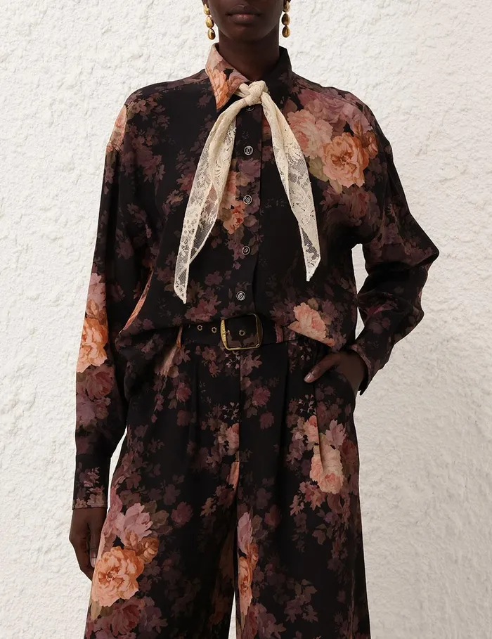 Women Tops Zimmermann Illustration Lace Scarf Shirt Black Rococo Floral