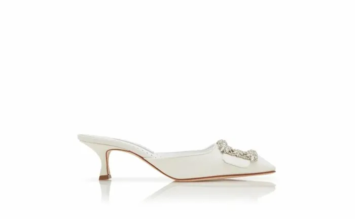 Women White Crepe De Chine Jewel Buckle Mules Manolo Blahnik Mules