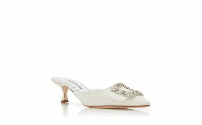 Women White Crepe De Chine Jewel Buckle Mules Manolo Blahnik Mules