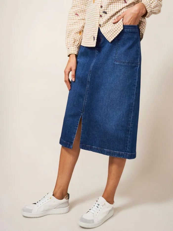 Women White Stuff Petite Clothing Penny Denim Midi Skirt Mid Denim
